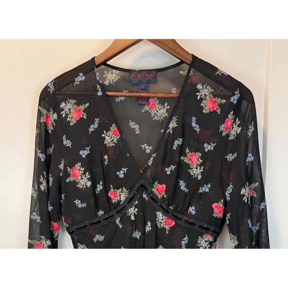 VINTAGE Ralph Lauren Sheer Floral Whimsigoth Fairy Tunic Dress Black Medium - Picture 4 of 7
